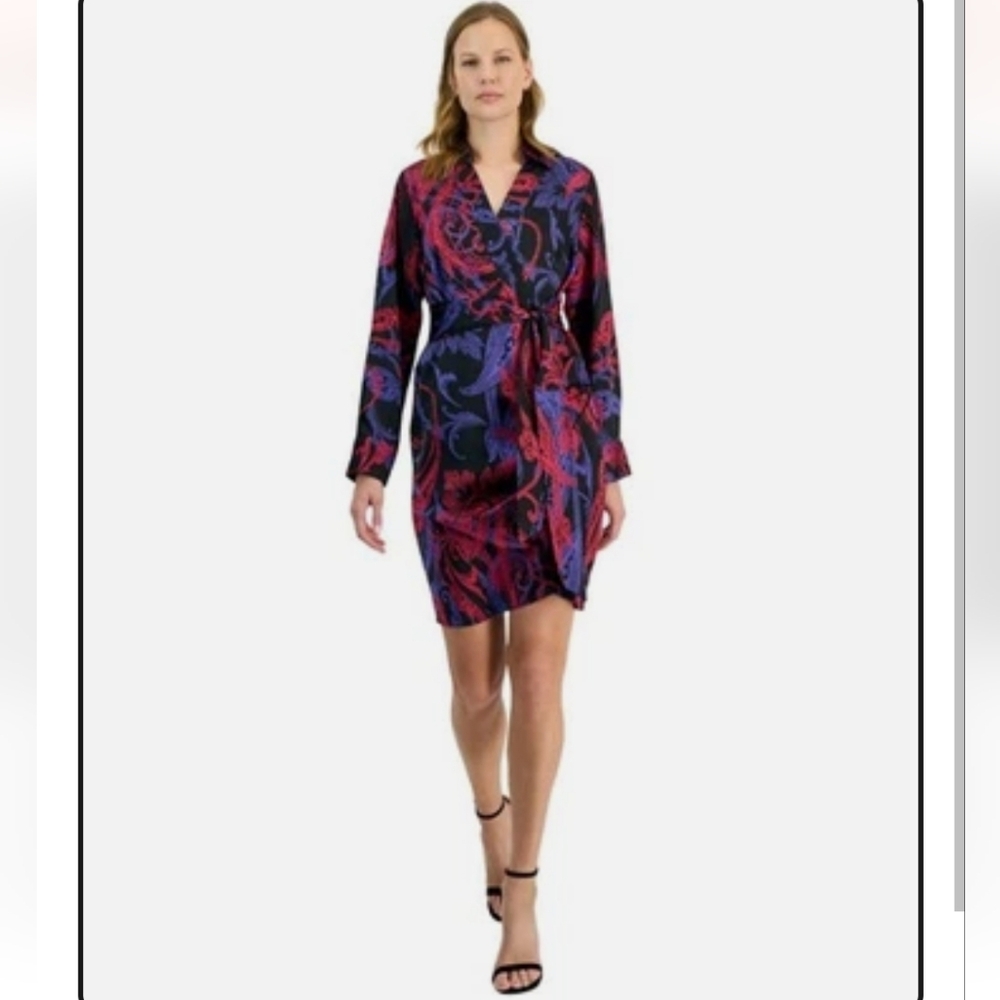 New!Tahari ASL Womens Side Drape Tie Y2K Front Faux-Wrap ShirtDress Black Cobalt